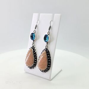Sunstone Blue Topaz Handmade Drop Dangle Earrings Jewelry 2.77"